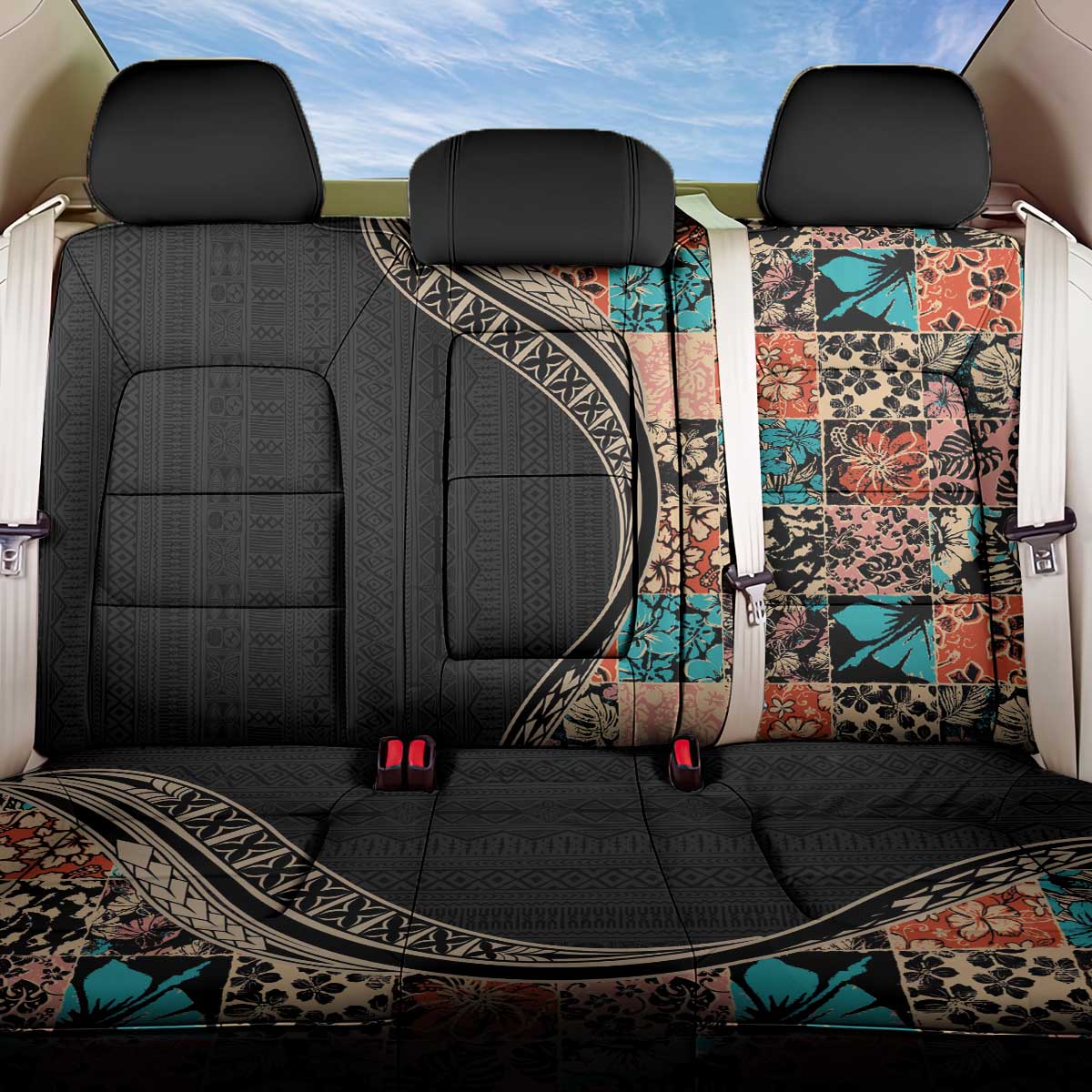 Hawaiian Hibiscus and Tropical Leaves Back Car Seat Cover Patchwork Grunge Abstract and Tapa Tribal Pattern Half Style