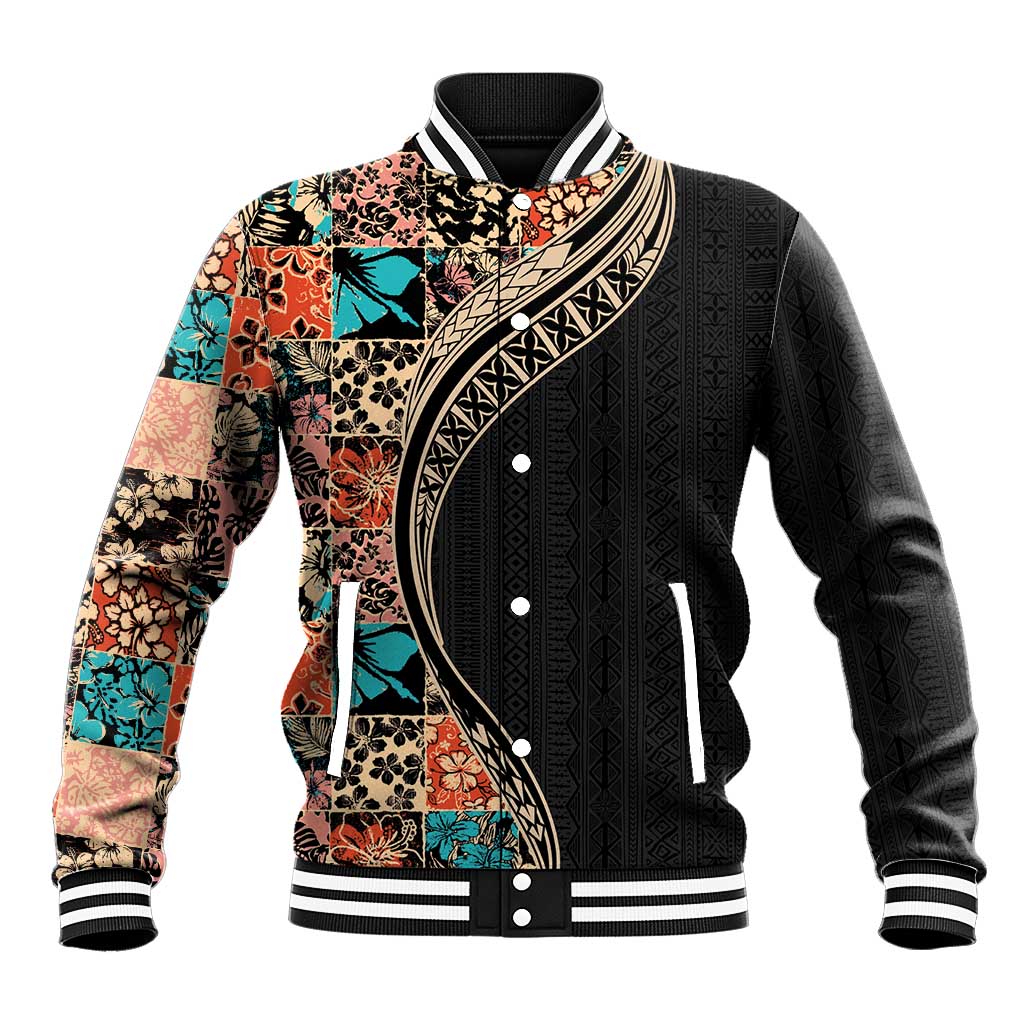 Hawaiian Hibiscus and Tropical Leaves Baseball Jacket Patchwork Grunge Abstract and Tapa Tribal Pattern Half Style LT03 Unisex Black - Polynesian Pride