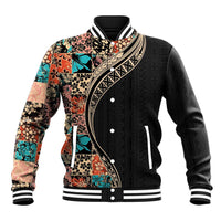Hawaiian Hibiscus and Tropical Leaves Baseball Jacket Patchwork Grunge Abstract and Tapa Tribal Pattern Half Style LT03 Unisex Black - Polynesian Pride