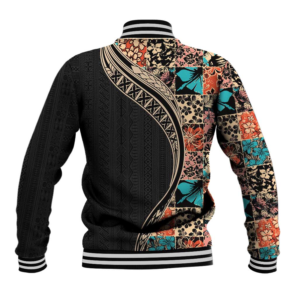 Hawaiian Hibiscus and Tropical Leaves Baseball Jacket Patchwork Grunge Abstract and Tapa Tribal Pattern Half Style LT03 - Polynesian Pride