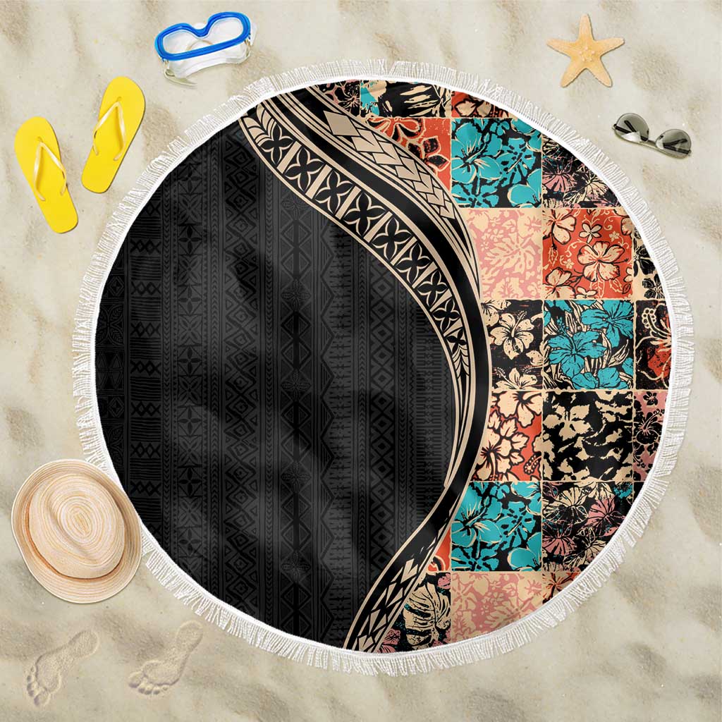 Hawaiian Hibiscus and Tropical Leaves Beach Blanket Patchwork Grunge Abstract and Tapa Tribal Pattern Half Style LT03 One Size 150cm Black - Polynesian Pride