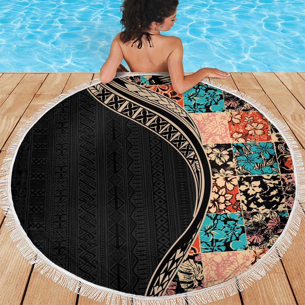 Hawaiian Hibiscus and Tropical Leaves Beach Blanket Patchwork Grunge Abstract and Tapa Tribal Pattern Half Style LT03 - Polynesian Pride