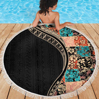 Hawaiian Hibiscus and Tropical Leaves Beach Blanket Patchwork Grunge Abstract and Tapa Tribal Pattern Half Style LT03 - Polynesian Pride