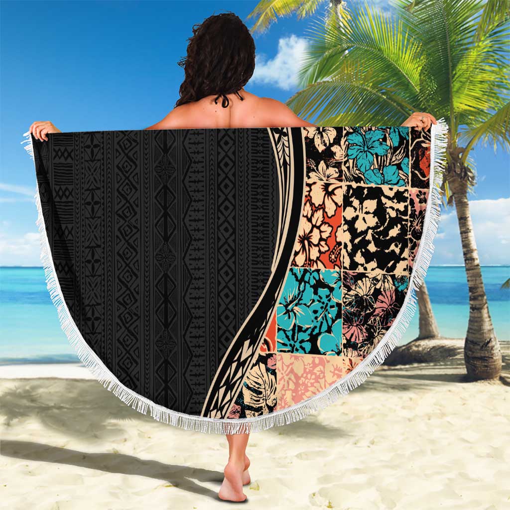 Hawaiian Hibiscus and Tropical Leaves Beach Blanket Patchwork Grunge Abstract and Tapa Tribal Pattern Half Style LT03 - Polynesian Pride