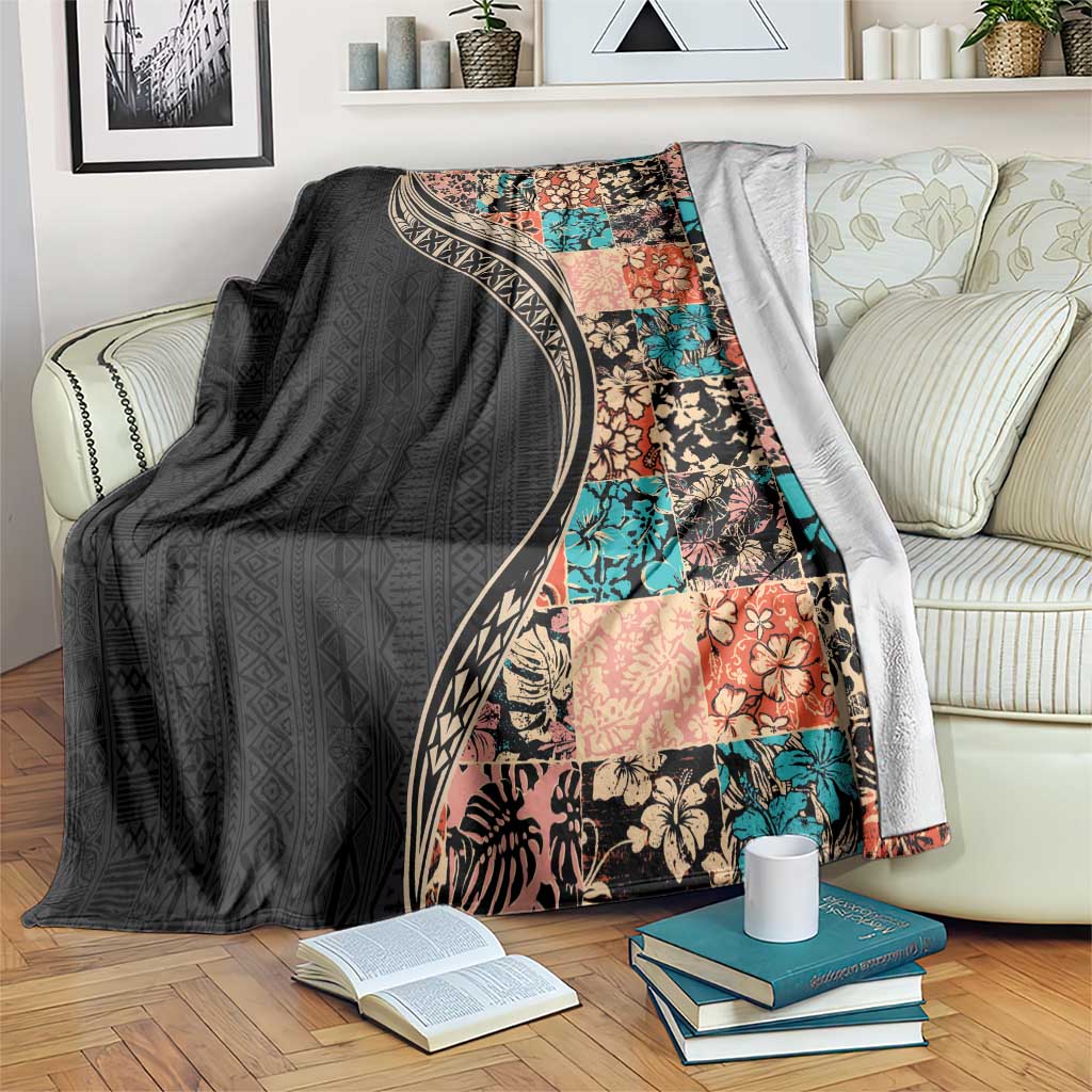 Hawaiian Hibiscus and Tropical Leaves Blanket Patchwork Grunge Abstract and Tapa Tribal Pattern Half Style LT03 Black - Polynesian Pride