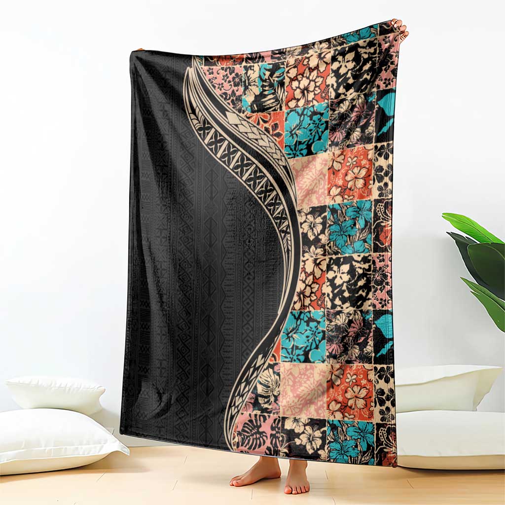 Hawaiian Hibiscus and Tropical Leaves Blanket Patchwork Grunge Abstract and Tapa Tribal Pattern Half Style LT03 - Polynesian Pride
