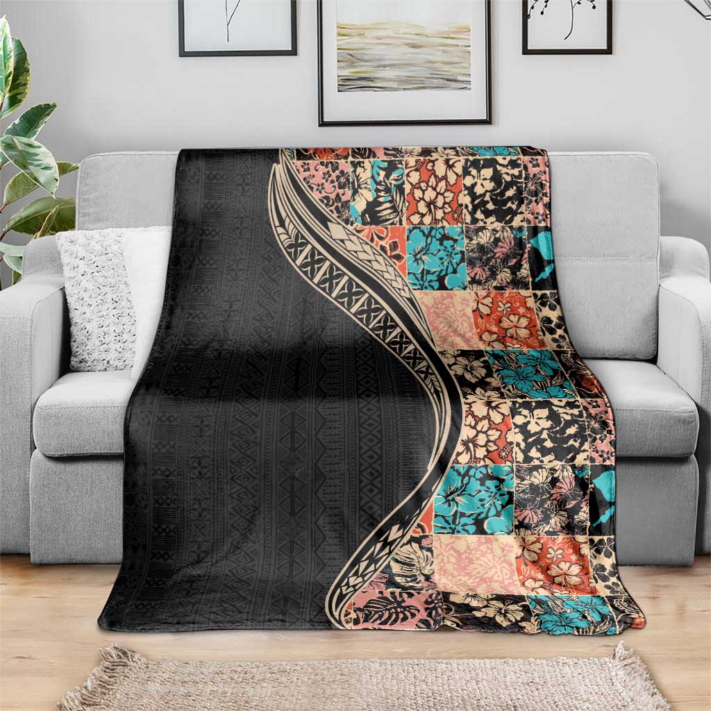 Hawaiian Hibiscus and Tropical Leaves Blanket Patchwork Grunge Abstract and Tapa Tribal Pattern Half Style LT03 - Polynesian Pride