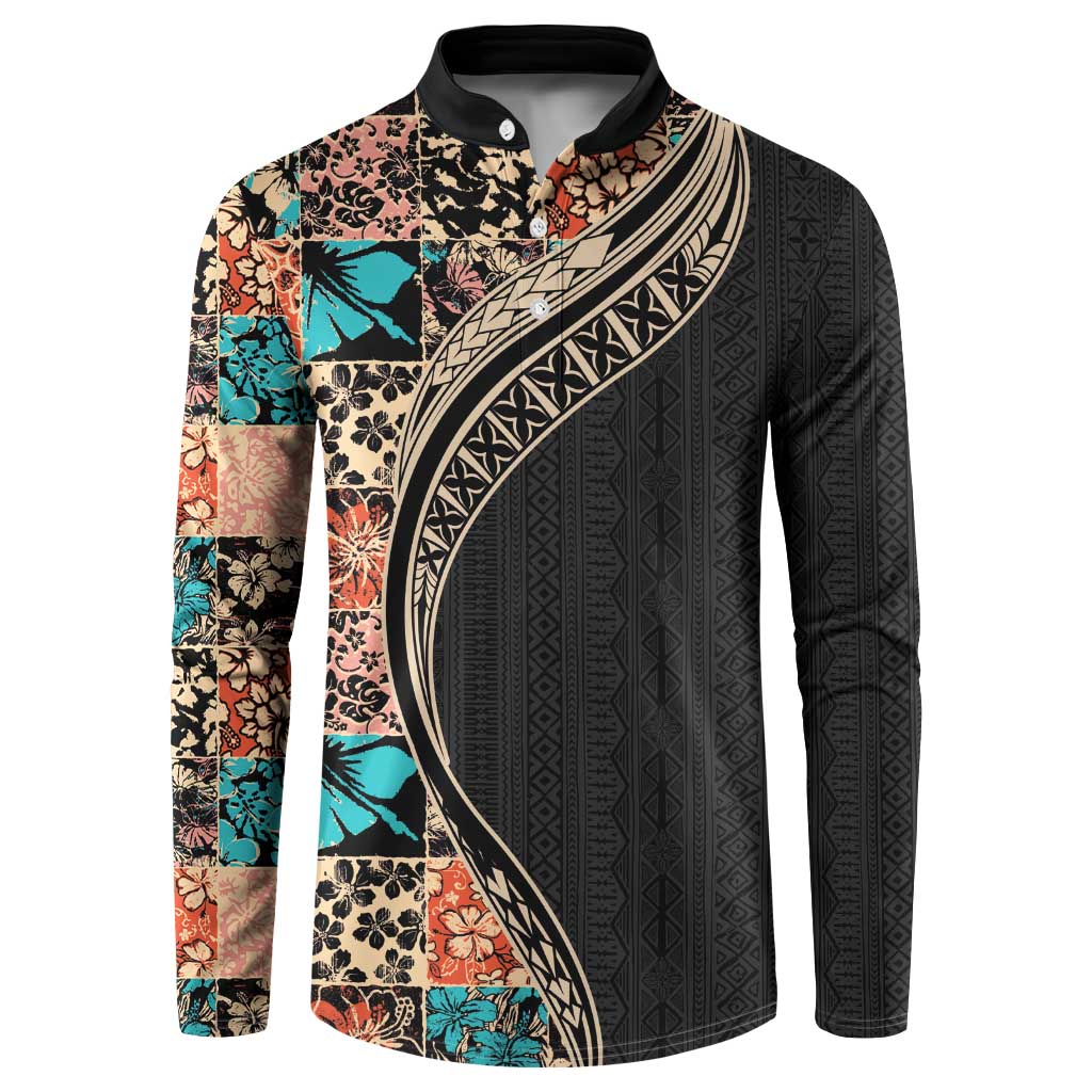 Hawaiian Hibiscus and Tropical Leaves Button Sweatshirt Patchwork Grunge Abstract and Tapa Tribal Pattern Half Style LT03 Black - Polynesian Pride