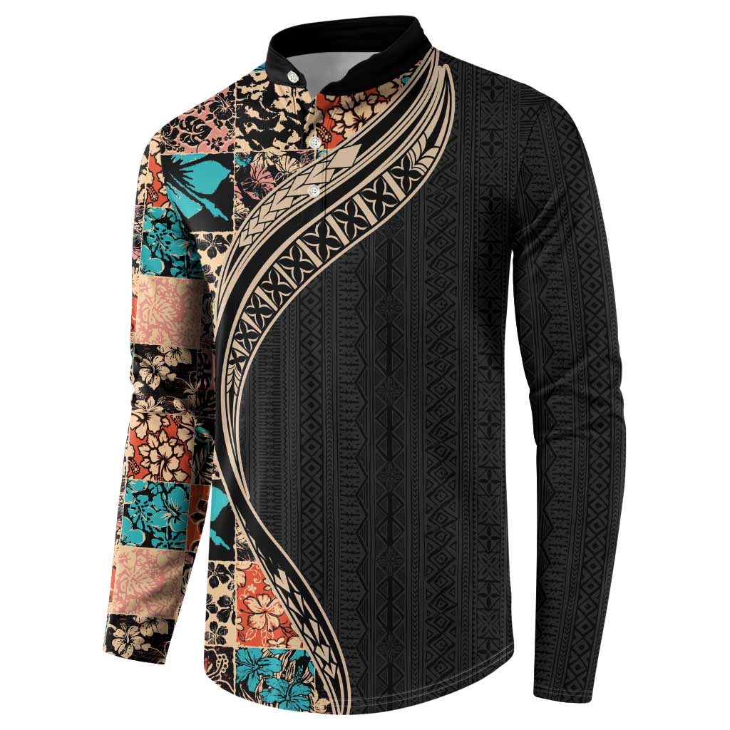 Hawaiian Hibiscus and Tropical Leaves Button Sweatshirt Patchwork Grunge Abstract and Tapa Tribal Pattern Half Style LT03 - Polynesian Pride