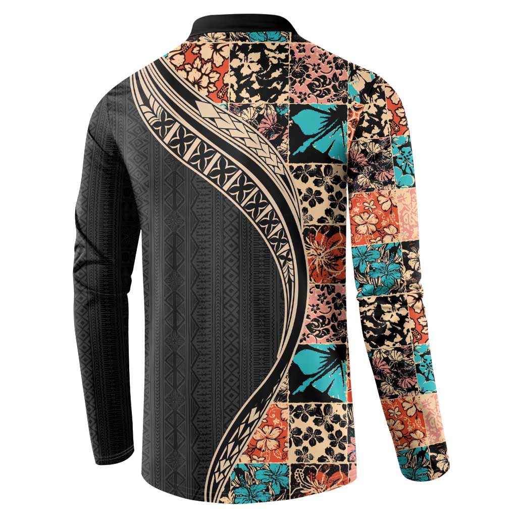 Hawaiian Hibiscus and Tropical Leaves Button Sweatshirt Patchwork Grunge Abstract and Tapa Tribal Pattern Half Style LT03 - Polynesian Pride