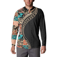 Hawaiian Hibiscus and Tropical Leaves Button Sweatshirt Patchwork Grunge Abstract and Tapa Tribal Pattern Half Style LT03 - Polynesian Pride