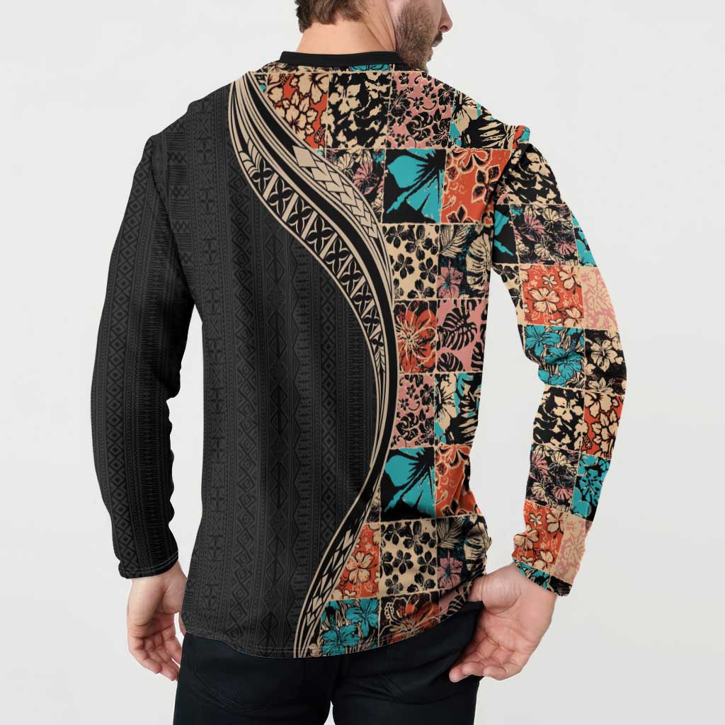 Hawaiian Hibiscus and Tropical Leaves Button Sweatshirt Patchwork Grunge Abstract and Tapa Tribal Pattern Half Style LT03 - Polynesian Pride