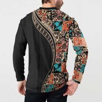 Hawaiian Hibiscus and Tropical Leaves Button Sweatshirt Patchwork Grunge Abstract and Tapa Tribal Pattern Half Style LT03 - Polynesian Pride