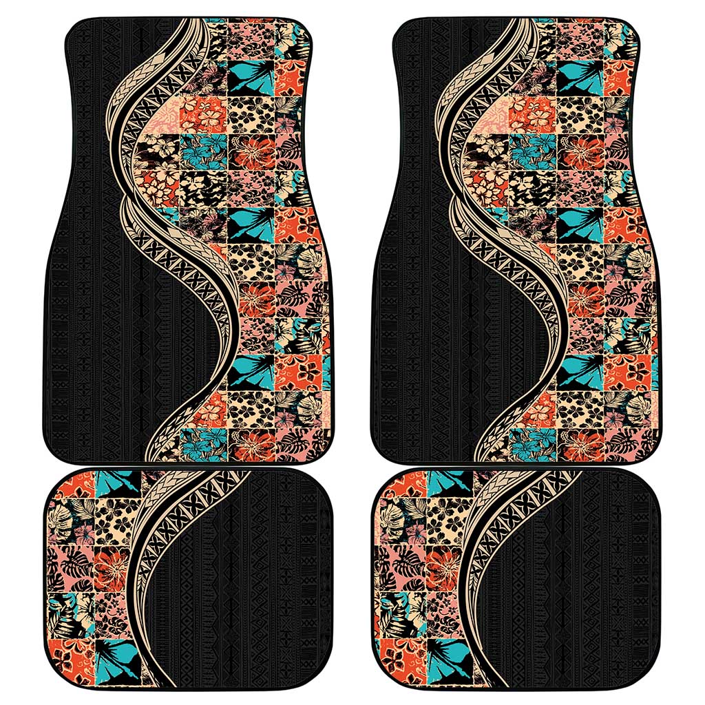 Hawaiian Hibiscus and Tropical Leaves Car Mats Patchwork Grunge Abstract and Tapa Tribal Pattern Half Style
