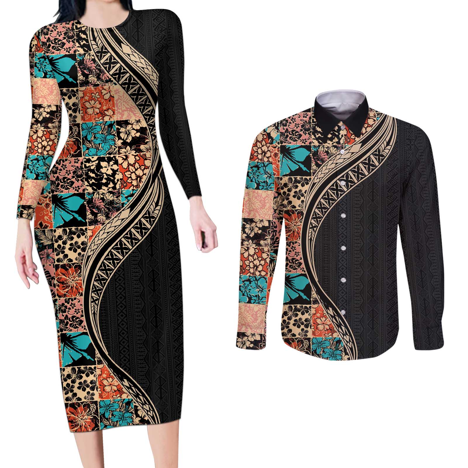 Hawaiian Hibiscus and Tropical Leaves Couples Matching Long Sleeve Bodycon Dress and Long Sleeve Button Shirt Patchwork Grunge Abstract and Tapa Tribal Pattern Half Style