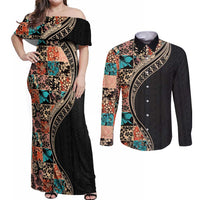 Hawaiian Hibiscus and Tropical Leaves Couples Matching Off Shoulder Maxi Dress and Long Sleeve Button Shirt Patchwork Grunge Abstract and Tapa Tribal Pattern Half Style LT03 Black - Polynesian Pride