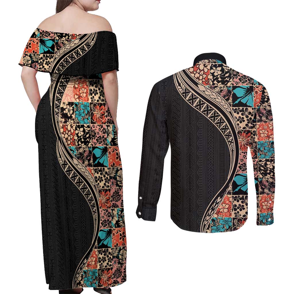 Hawaiian Hibiscus and Tropical Leaves Couples Matching Off Shoulder Maxi Dress and Long Sleeve Button Shirt Patchwork Grunge Abstract and Tapa Tribal Pattern Half Style LT03 - Polynesian Pride