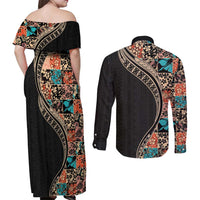 Hawaiian Hibiscus and Tropical Leaves Couples Matching Off Shoulder Maxi Dress and Long Sleeve Button Shirt Patchwork Grunge Abstract and Tapa Tribal Pattern Half Style LT03 - Polynesian Pride
