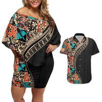 Hawaiian Hibiscus and Tropical Leaves Couples Matching Off Shoulder Short Dress and Hawaiian Shirt Patchwork Grunge Abstract and Tapa Tribal Pattern Half Style LT03 Black - Polynesian Pride