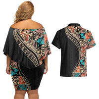 Hawaiian Hibiscus and Tropical Leaves Couples Matching Off Shoulder Short Dress and Hawaiian Shirt Patchwork Grunge Abstract and Tapa Tribal Pattern Half Style LT03 - Polynesian Pride