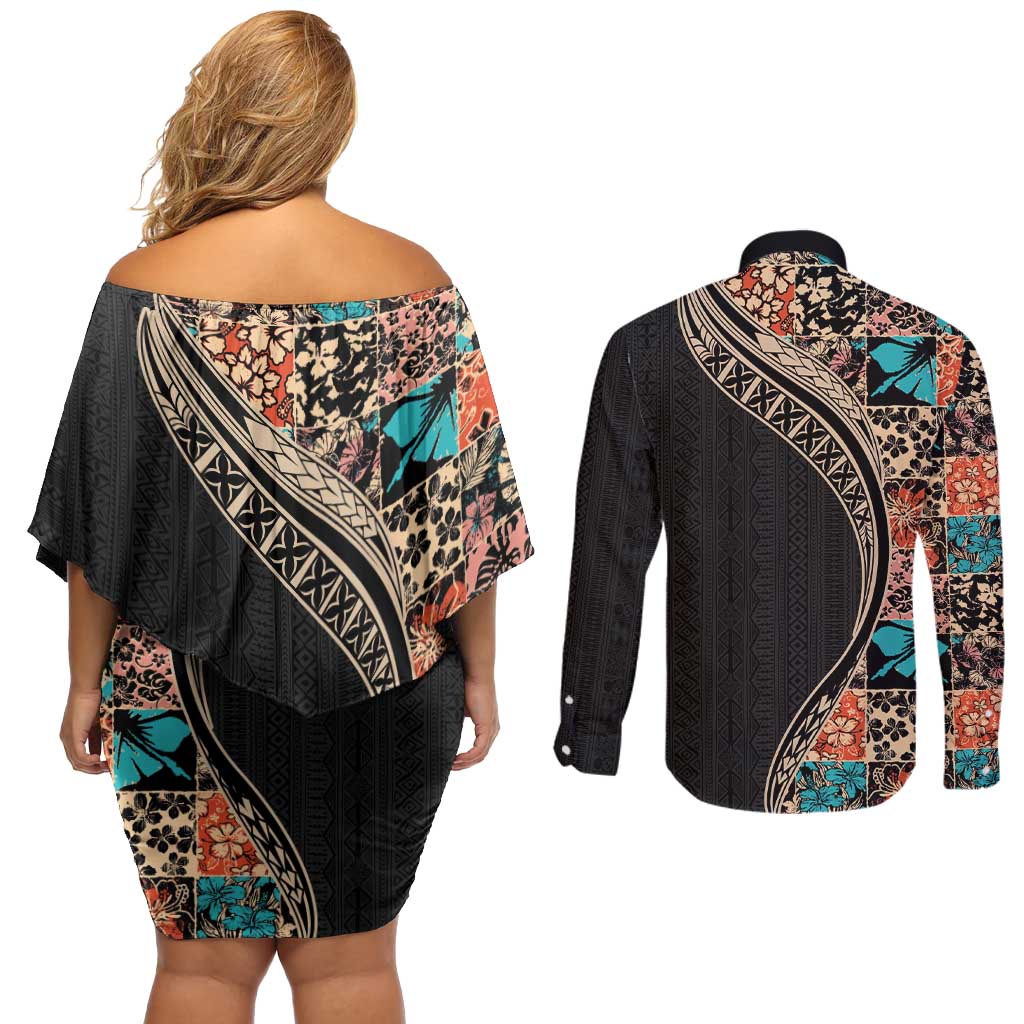 Hawaiian Hibiscus and Tropical Leaves Couples Matching Off Shoulder Short Dress and Long Sleeve Button Shirt Patchwork Grunge Abstract and Tapa Tribal Pattern Half Style LT03 - Polynesian Pride