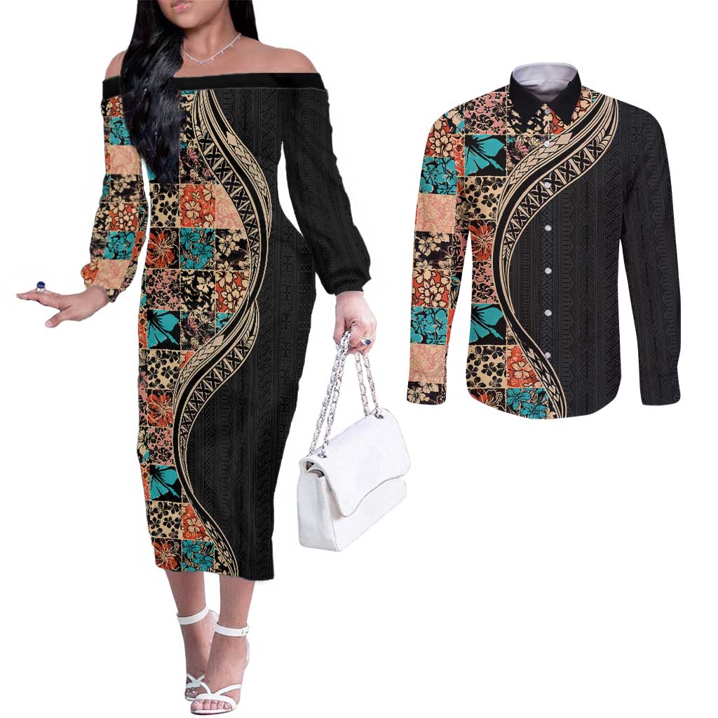 Hawaiian Hibiscus and Tropical Leaves Couples Matching Off The Shoulder Long Sleeve Dress and Long Sleeve Button Shirt Patchwork Grunge Abstract and Tapa Tribal Pattern Half Style