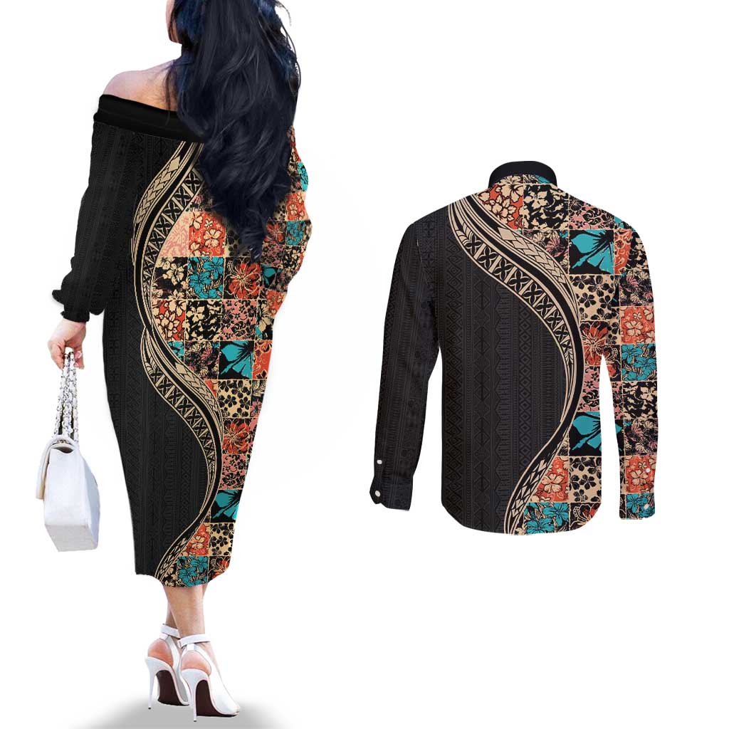 Hawaiian Hibiscus and Tropical Leaves Couples Matching Off The Shoulder Long Sleeve Dress and Long Sleeve Button Shirt Patchwork Grunge Abstract and Tapa Tribal Pattern Half Style