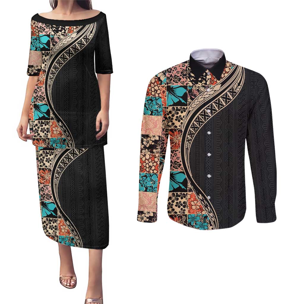 Hawaiian Hibiscus and Tropical Leaves Couples Matching Puletasi and Long Sleeve Button Shirt Patchwork Grunge Abstract and Tapa Tribal Pattern Half Style LT03 Black - Polynesian Pride