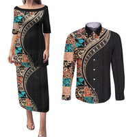 Hawaiian Hibiscus and Tropical Leaves Couples Matching Puletasi and Long Sleeve Button Shirt Patchwork Grunge Abstract and Tapa Tribal Pattern Half Style LT03 Black - Polynesian Pride
