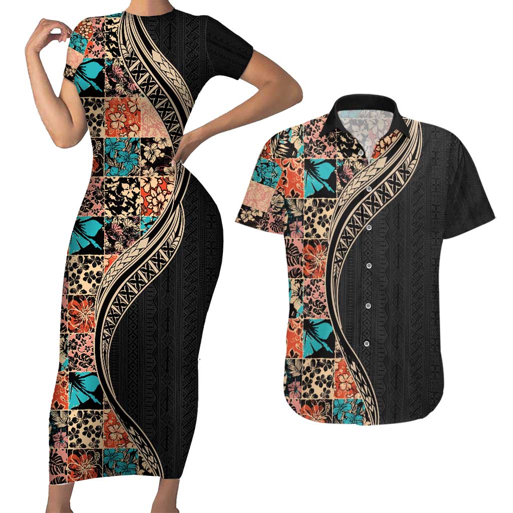 Hawaiian Hibiscus and Tropical Leaves Couples Matching Short Sleeve Bodycon Dress and Hawaiian Shirt Patchwork Grunge Abstract and Tapa Tribal Pattern Half Style