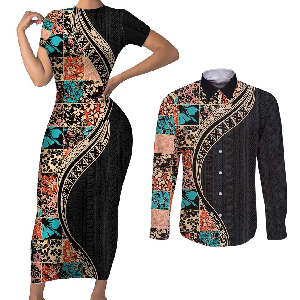 Hawaiian Hibiscus and Tropical Leaves Couples Matching Short Sleeve Bodycon Dress and Long Sleeve Button Shirt Patchwork Grunge Abstract and Tapa Tribal Pattern Half Style