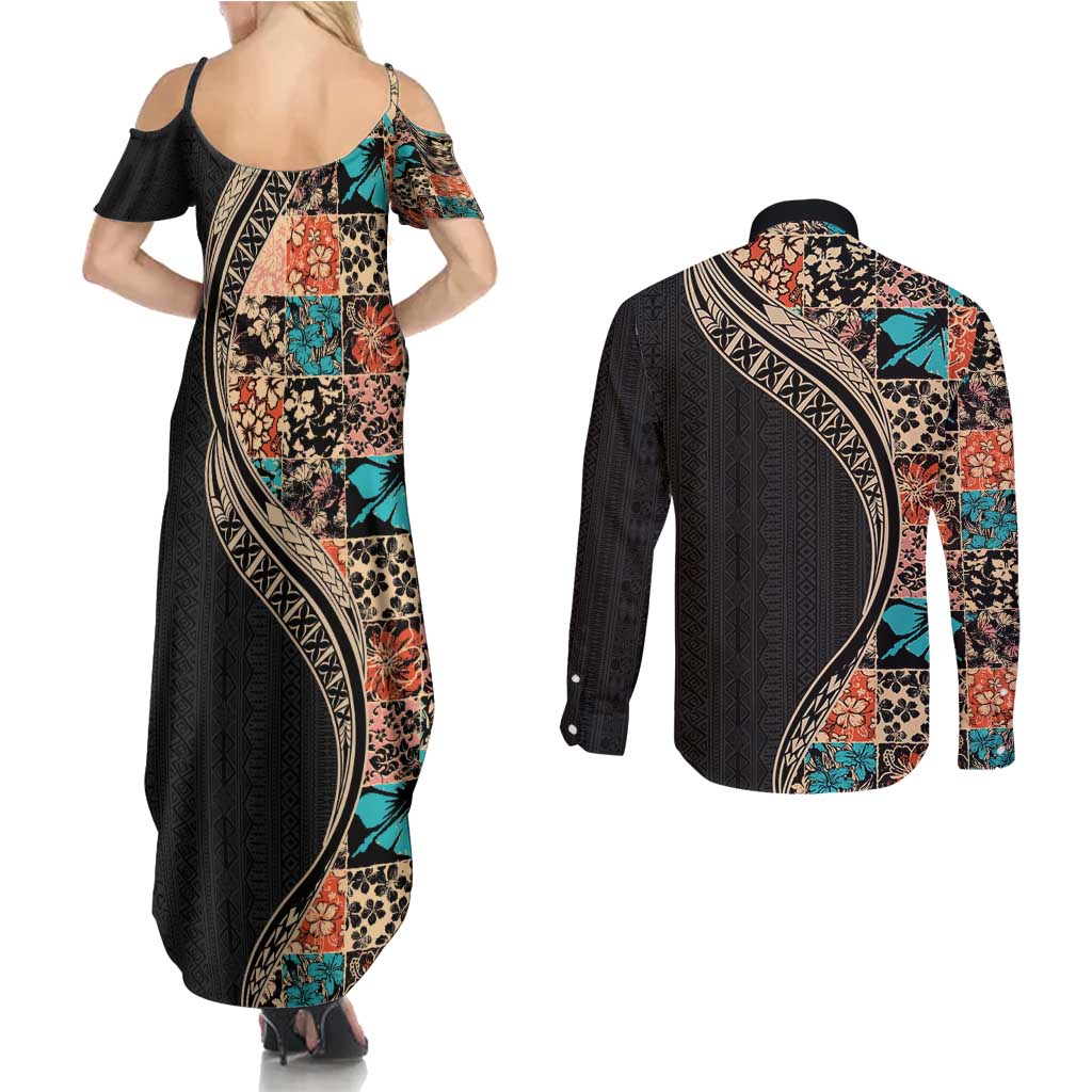 Hawaiian Hibiscus and Tropical Leaves Couples Matching Summer Maxi Dress and Long Sleeve Button Shirt Patchwork Grunge Abstract and Tapa Tribal Pattern Half Style LT03 - Polynesian Pride