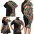 Hawaiian Hibiscus and Tropical Leaves Family Matching Long Sleeve Bodycon Dress and Hawaiian Shirt Patchwork Grunge Abstract and Tapa Tribal Pattern Half Style