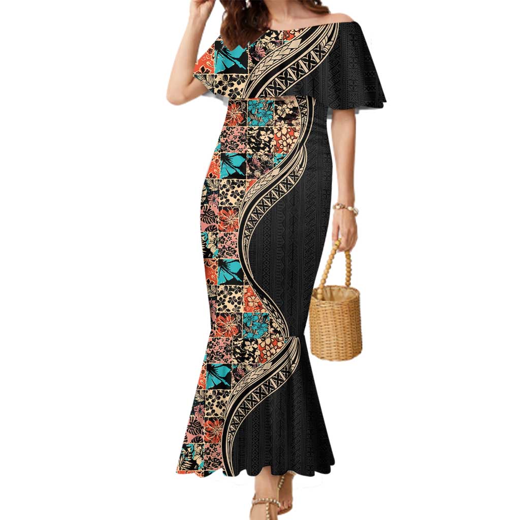 Hawaiian Hibiscus and Tropical Leaves Family Matching Mermaid Dress and Hawaiian Shirt Patchwork Grunge Abstract and Tapa Tribal Pattern Half Style