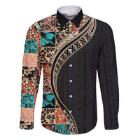 Hawaiian Hibiscus and Tropical Leaves Family Matching Off Shoulder Maxi Dress and Hawaiian Shirt Patchwork Grunge Abstract and Tapa Tribal Pattern Half Style LT03 Dad's Shirt - Long Sleeve Black - Polynesian Pride