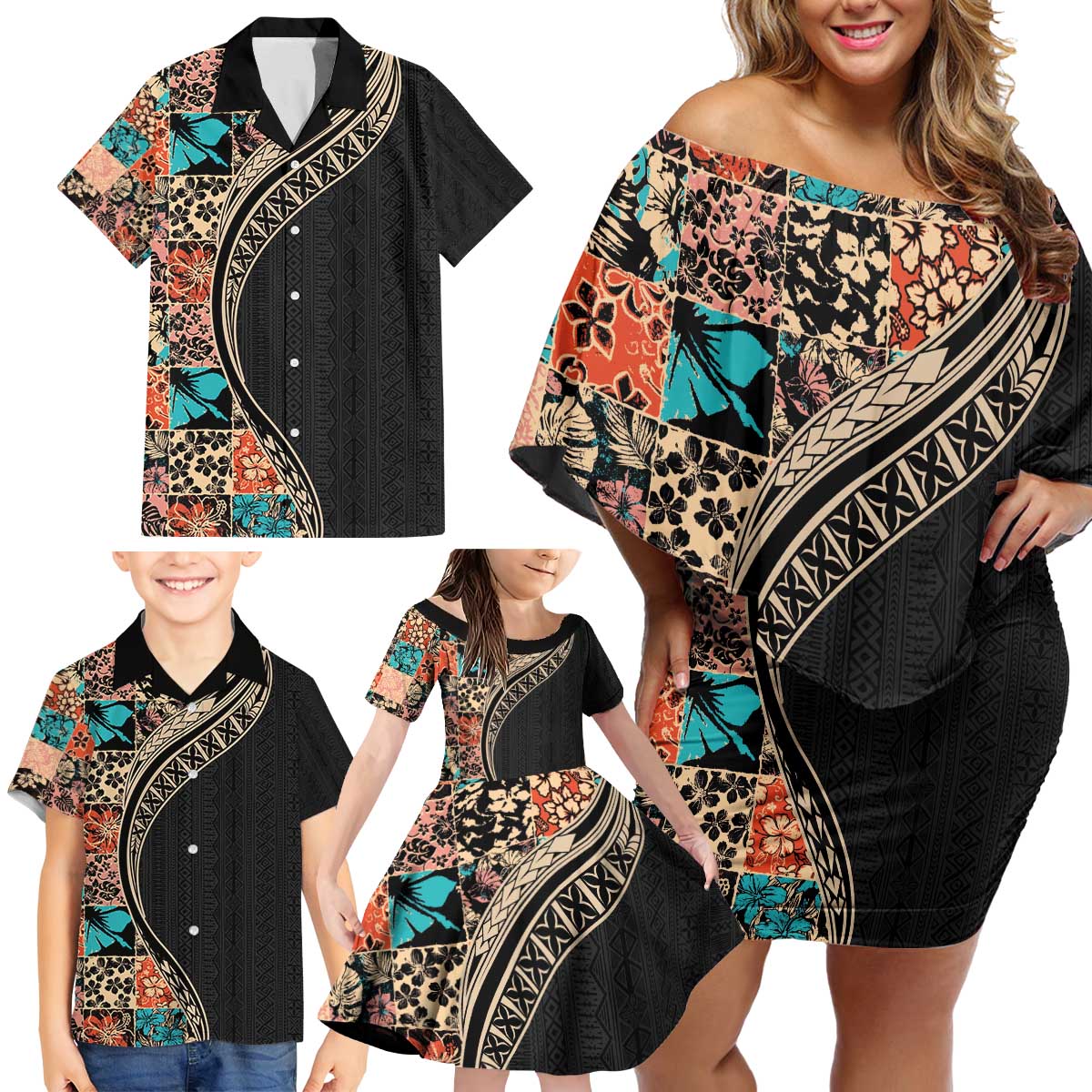 Hawaiian Hibiscus and Tropical Leaves Family Matching Off Shoulder Short Dress and Hawaiian Shirt Patchwork Grunge Abstract and Tapa Tribal Pattern Half Style