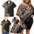 Hawaiian Hibiscus and Tropical Leaves Family Matching Off Shoulder Short Dress and Hawaiian Shirt Patchwork Grunge Abstract and Tapa Tribal Pattern Half Style