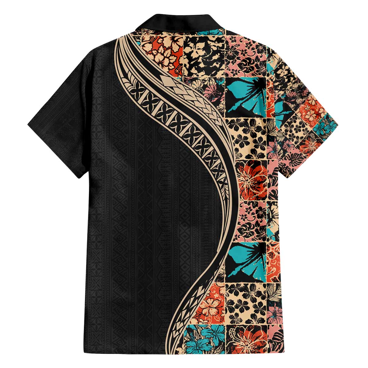 Hawaiian Hibiscus and Tropical Leaves Family Matching Off Shoulder Short Dress and Hawaiian Shirt Patchwork Grunge Abstract and Tapa Tribal Pattern Half Style