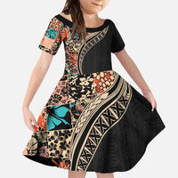 Hawaiian Hibiscus and Tropical Leaves Family Matching Short Sleeve Bodycon Dress and Hawaiian Shirt Patchwork Grunge Abstract and Tapa Tribal Pattern Half Style LT03 Daughter's Dress Black - Polynesian Pride