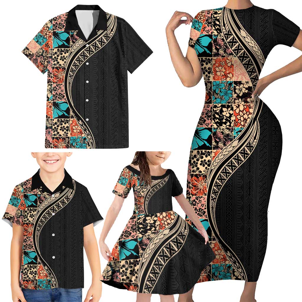 Hawaiian Hibiscus and Tropical Leaves Family Matching Short Sleeve Bodycon Dress and Hawaiian Shirt Patchwork Grunge Abstract and Tapa Tribal Pattern Half Style