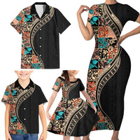Hawaiian Hibiscus and Tropical Leaves Family Matching Short Sleeve Bodycon Dress and Hawaiian Shirt Patchwork Grunge Abstract and Tapa Tribal Pattern Half Style LT03 - Polynesian Pride