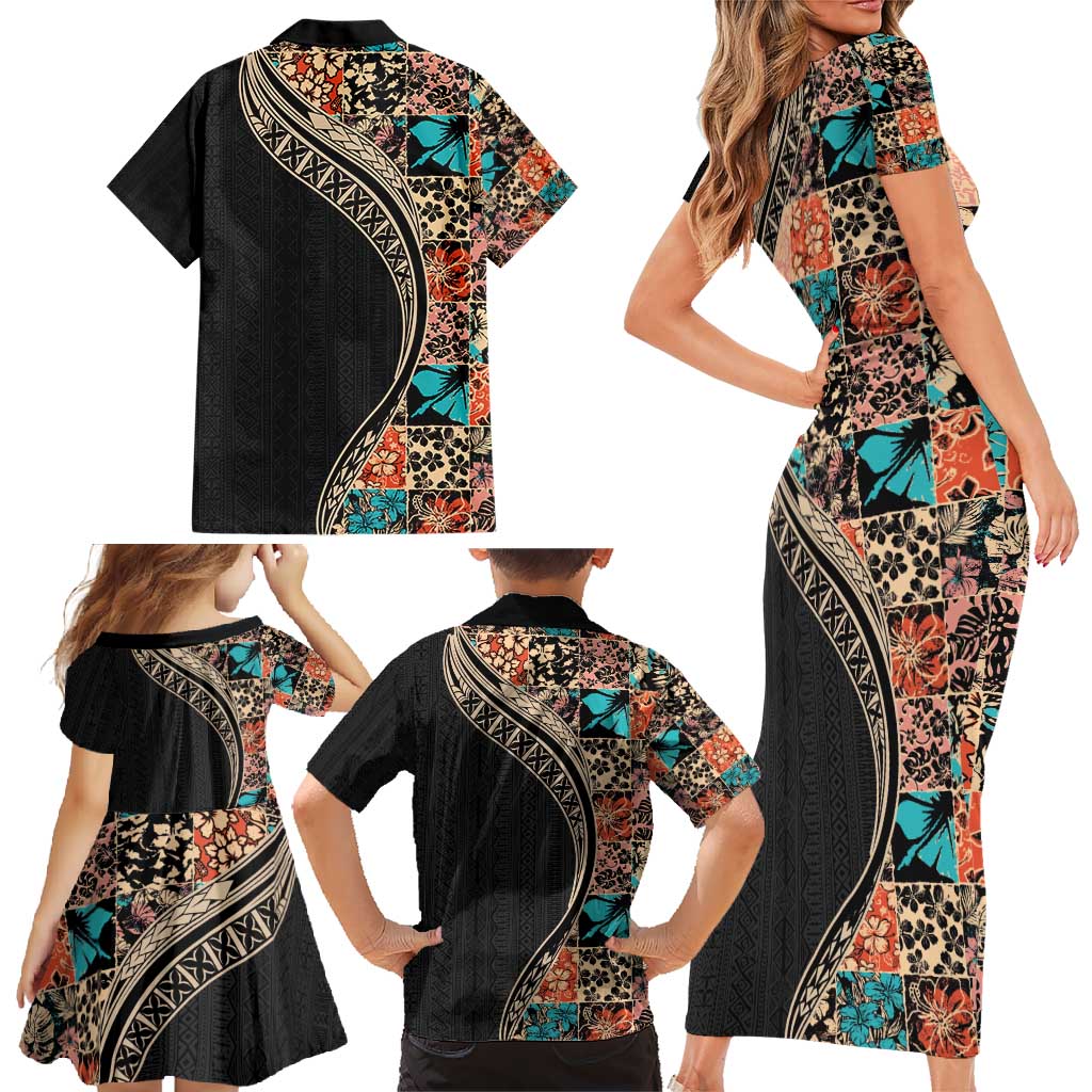 Hawaiian Hibiscus and Tropical Leaves Family Matching Short Sleeve Bodycon Dress and Hawaiian Shirt Patchwork Grunge Abstract and Tapa Tribal Pattern Half Style LT03 - Polynesian Pride
