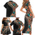 Hawaiian Hibiscus and Tropical Leaves Family Matching Short Sleeve Bodycon Dress and Hawaiian Shirt Patchwork Grunge Abstract and Tapa Tribal Pattern Half Style