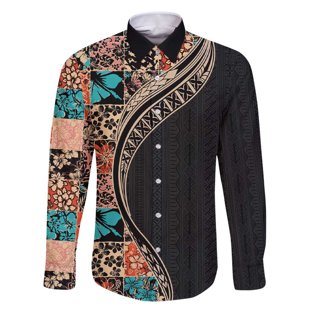 Hawaiian Hibiscus and Tropical Leaves Family Matching Short Sleeve Bodycon Dress and Hawaiian Shirt Patchwork Grunge Abstract and Tapa Tribal Pattern Half Style LT03 Dad's Shirt - Long Sleeve Black - Polynesian Pride