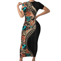 Hawaiian Hibiscus and Tropical Leaves Family Matching Short Sleeve Bodycon Dress and Hawaiian Shirt Patchwork Grunge Abstract and Tapa Tribal Pattern Half Style LT03 Mom's Dress Black - Polynesian Pride