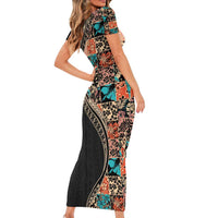 Hawaiian Hibiscus and Tropical Leaves Family Matching Short Sleeve Bodycon Dress and Hawaiian Shirt Patchwork Grunge Abstract and Tapa Tribal Pattern Half Style LT03 - Polynesian Pride
