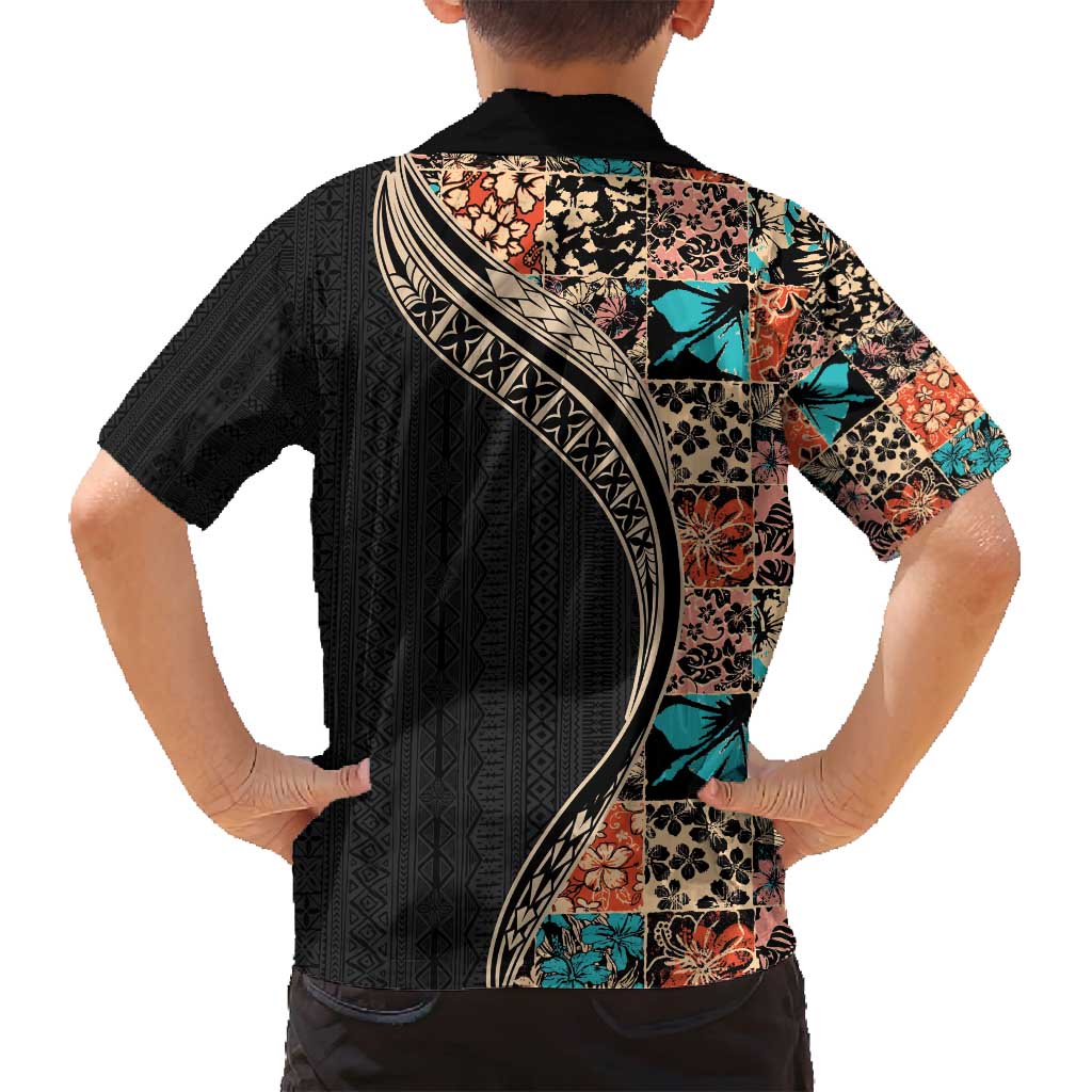 Hawaiian Hibiscus and Tropical Leaves Family Matching Summer Maxi Dress and Hawaiian Shirt Patchwork Grunge Abstract and Tapa Tribal Pattern Half Style