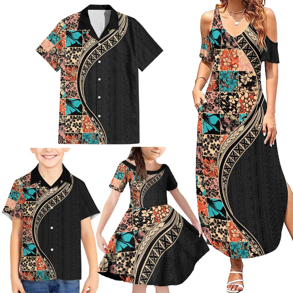 Hawaiian Hibiscus and Tropical Leaves Family Matching Summer Maxi Dress and Hawaiian Shirt Patchwork Grunge Abstract and Tapa Tribal Pattern Half Style