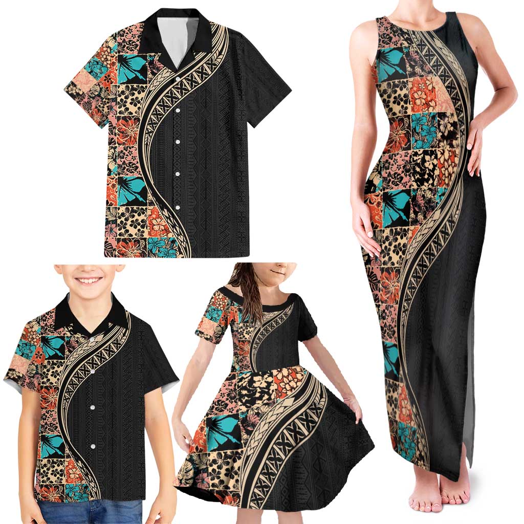 Hawaiian Hibiscus and Tropical Leaves Family Matching Tank Maxi Dress and Hawaiian Shirt Patchwork Grunge Abstract and Tapa Tribal Pattern Half Style