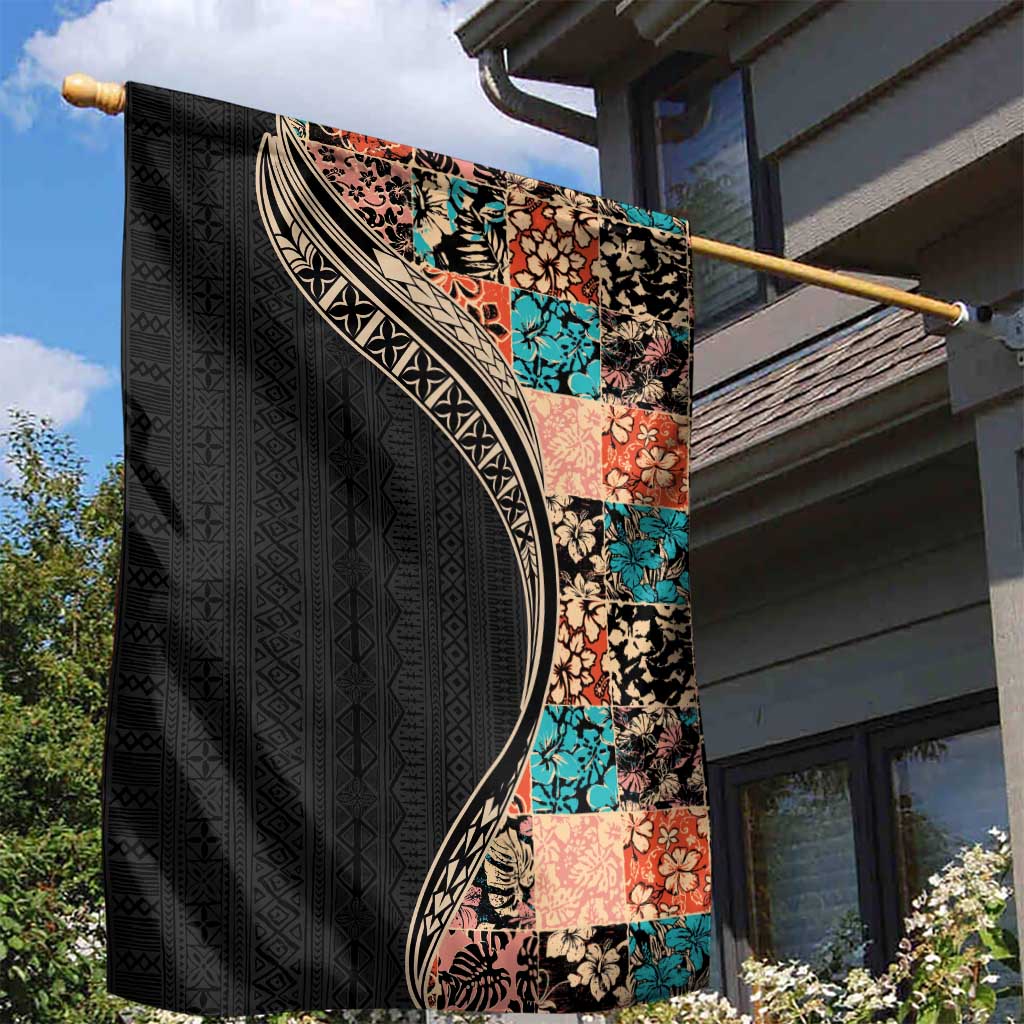Hawaiian Hibiscus and Tropical Leaves Garden Flag Patchwork Grunge Abstract and Tapa Tribal Pattern Half Style LT03 - Polynesian Pride